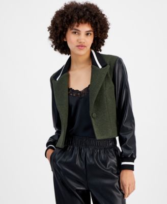 Avec Les Filles - Women's Mixed-Media Cropped Varsity Blazer