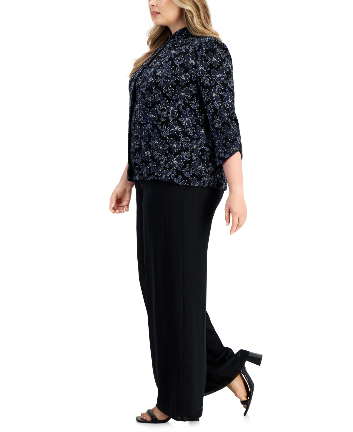 Alex Evenings Plus Size Glitter 3/4-Sleeve Jacket & Top - Navy