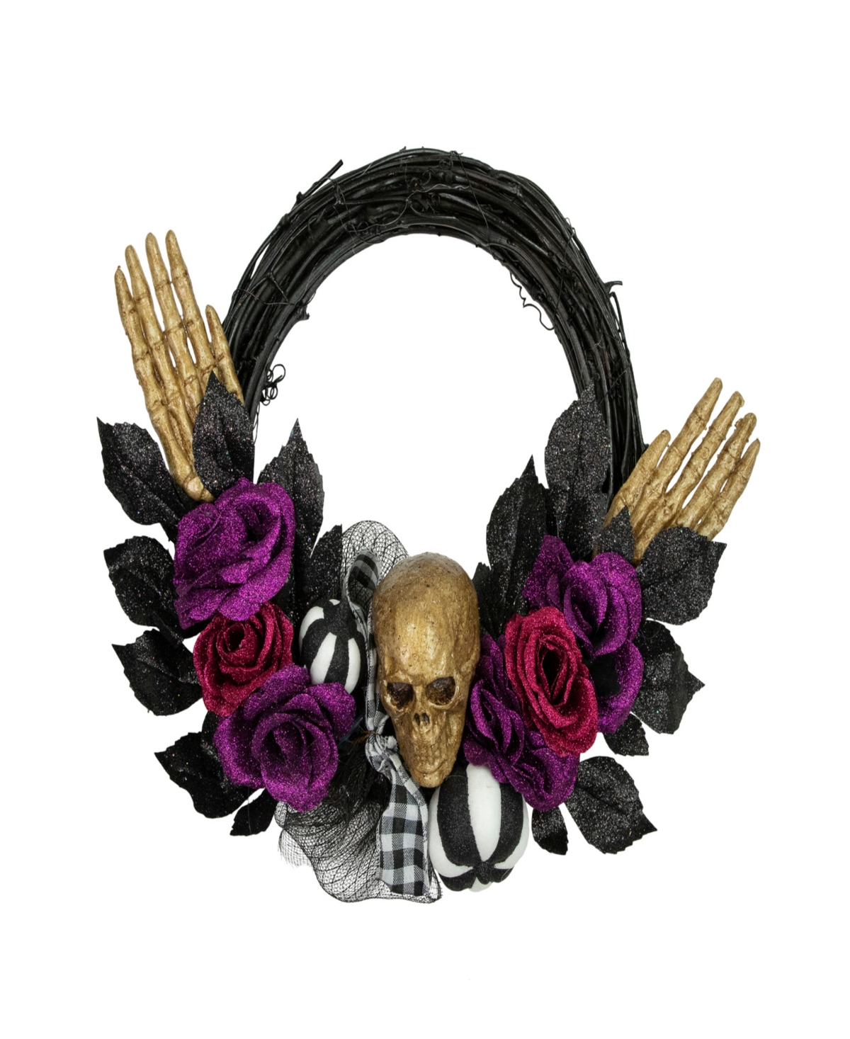 Northlight Skull With Hands And Roses Halloween Twig Wreath, 22" Unlit In Black