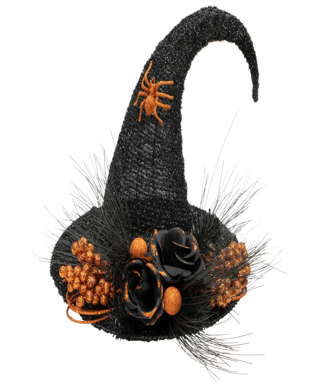 16" Tinsel Witch's Hat with Glittered Roses Halloween Decoration - Black
