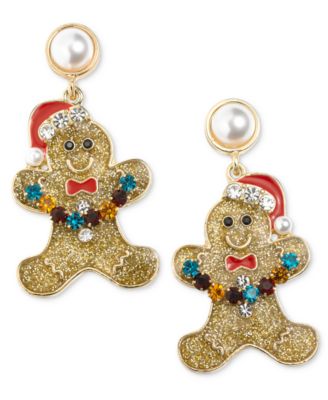 Holiday Lane - Gold-Tone Imitation Pearl & Multicolor Crystal Gingerbread Drop Earrings