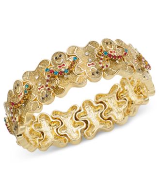 Holiday Lane - Gold-Tone Multicolor Crystal Glitter Gingerbread Stretch Bracelet