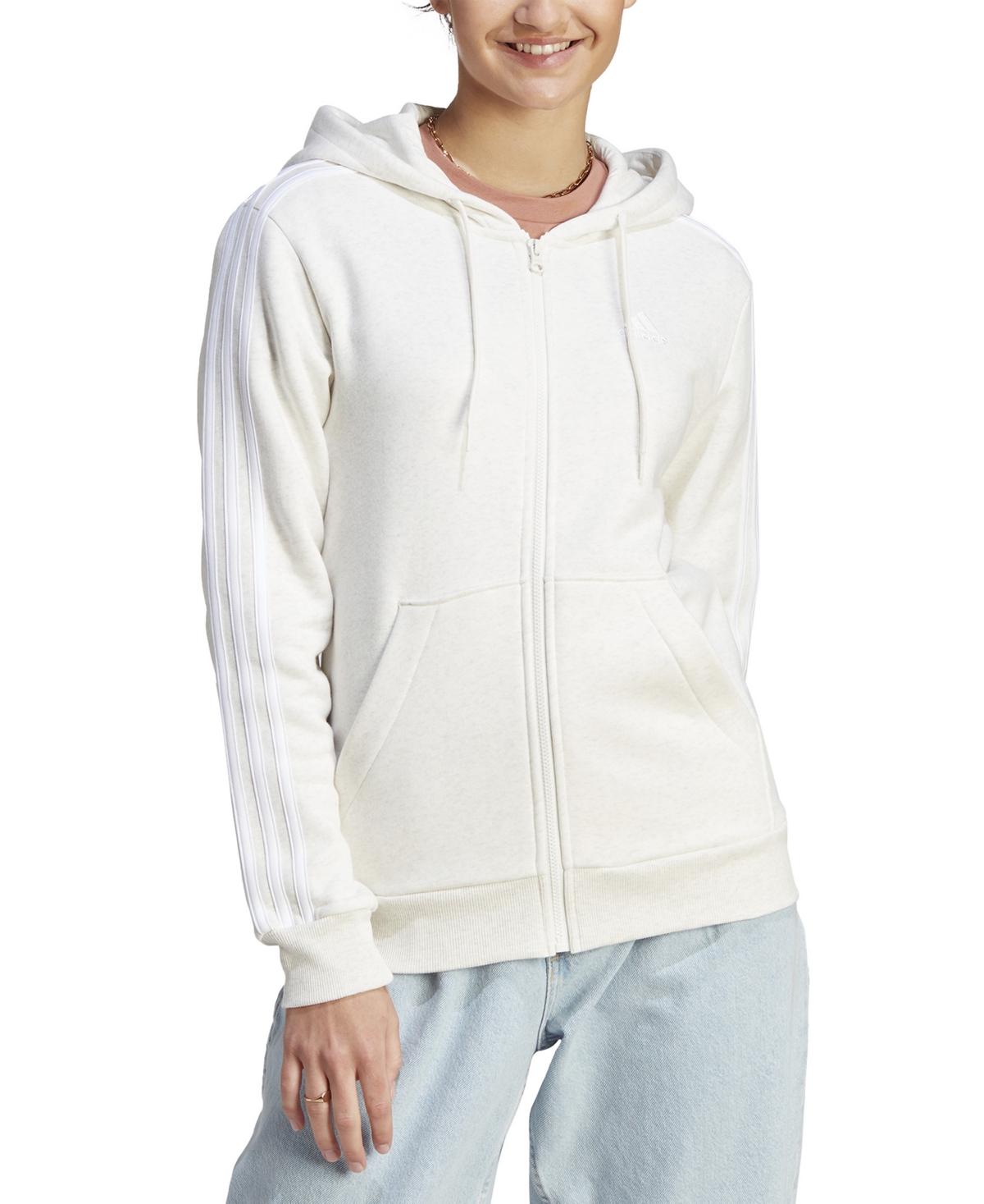 Adidas Originals Women's 3-stripe Cotton Fleece Full-zip Hoodie Sweatshirt In Off White Mel,white