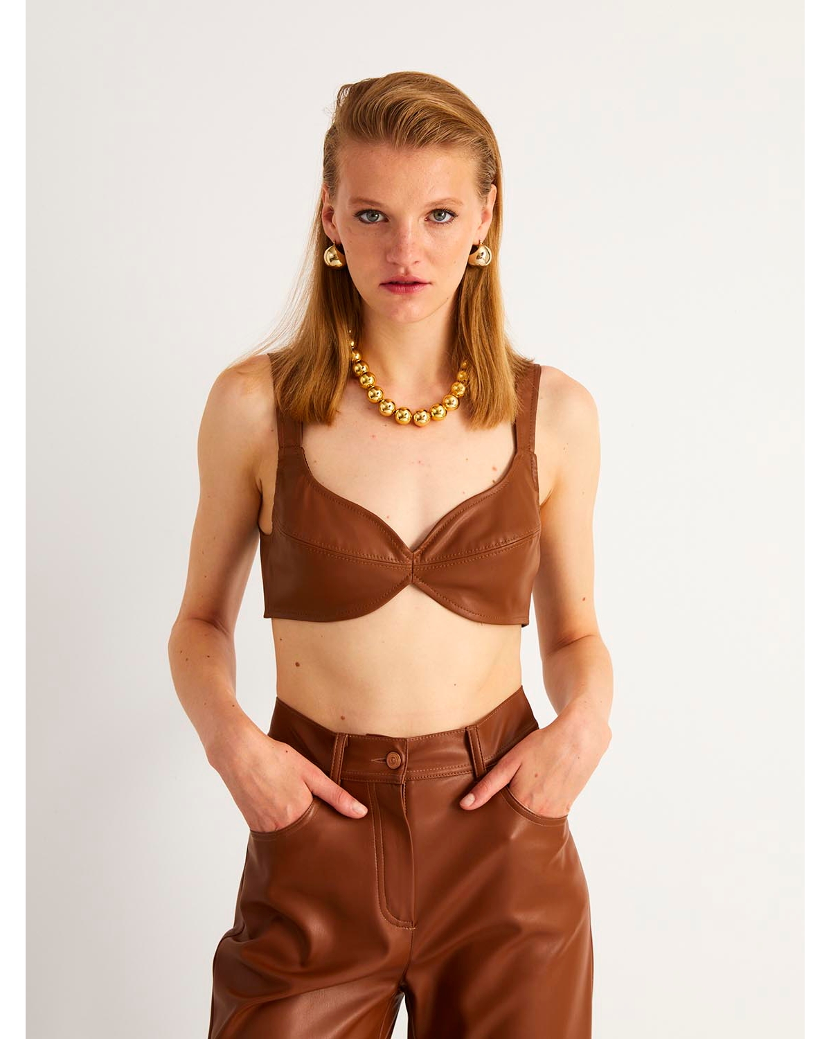 Women's Sweetheart Neck Pleather Crop Top - Camel