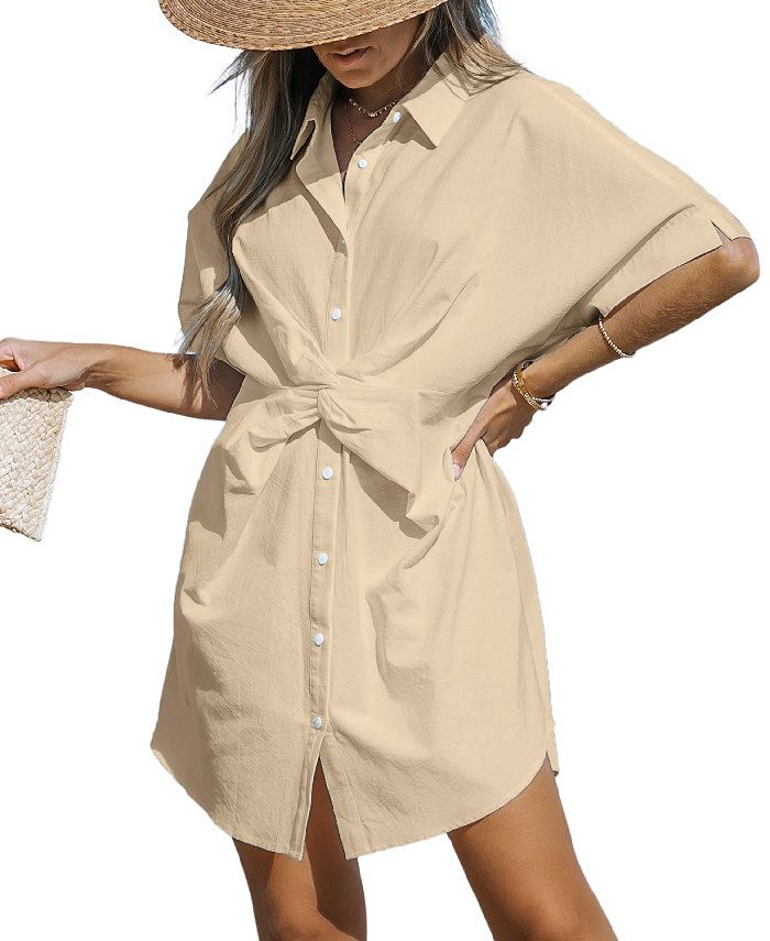 CUPSHE Women's Ravenna Short Sleeve Shirt Collar Solid Cover Up Dress