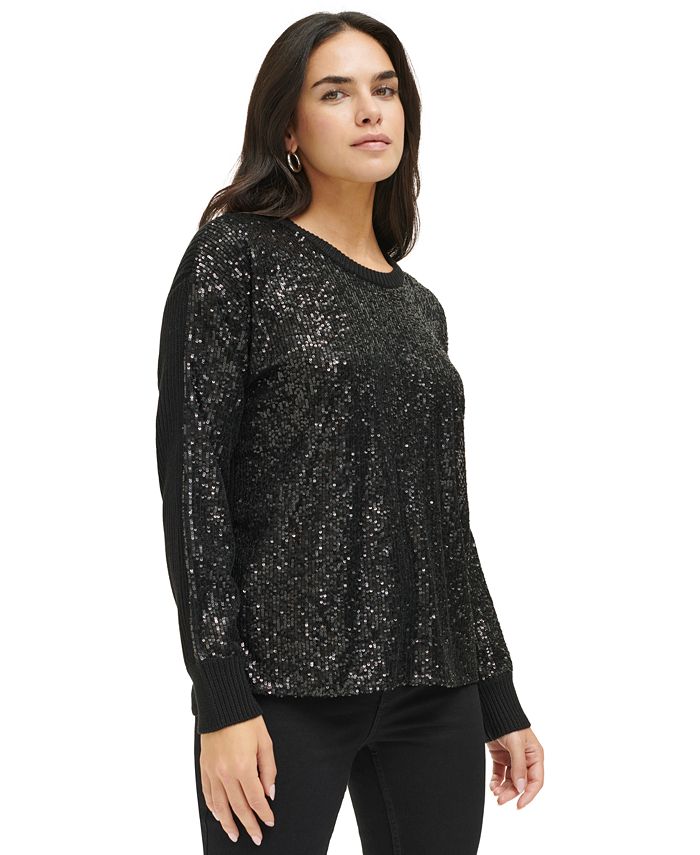 Calvin Klein Women's Sequin Trim V Neck Sweater Black Size Medium