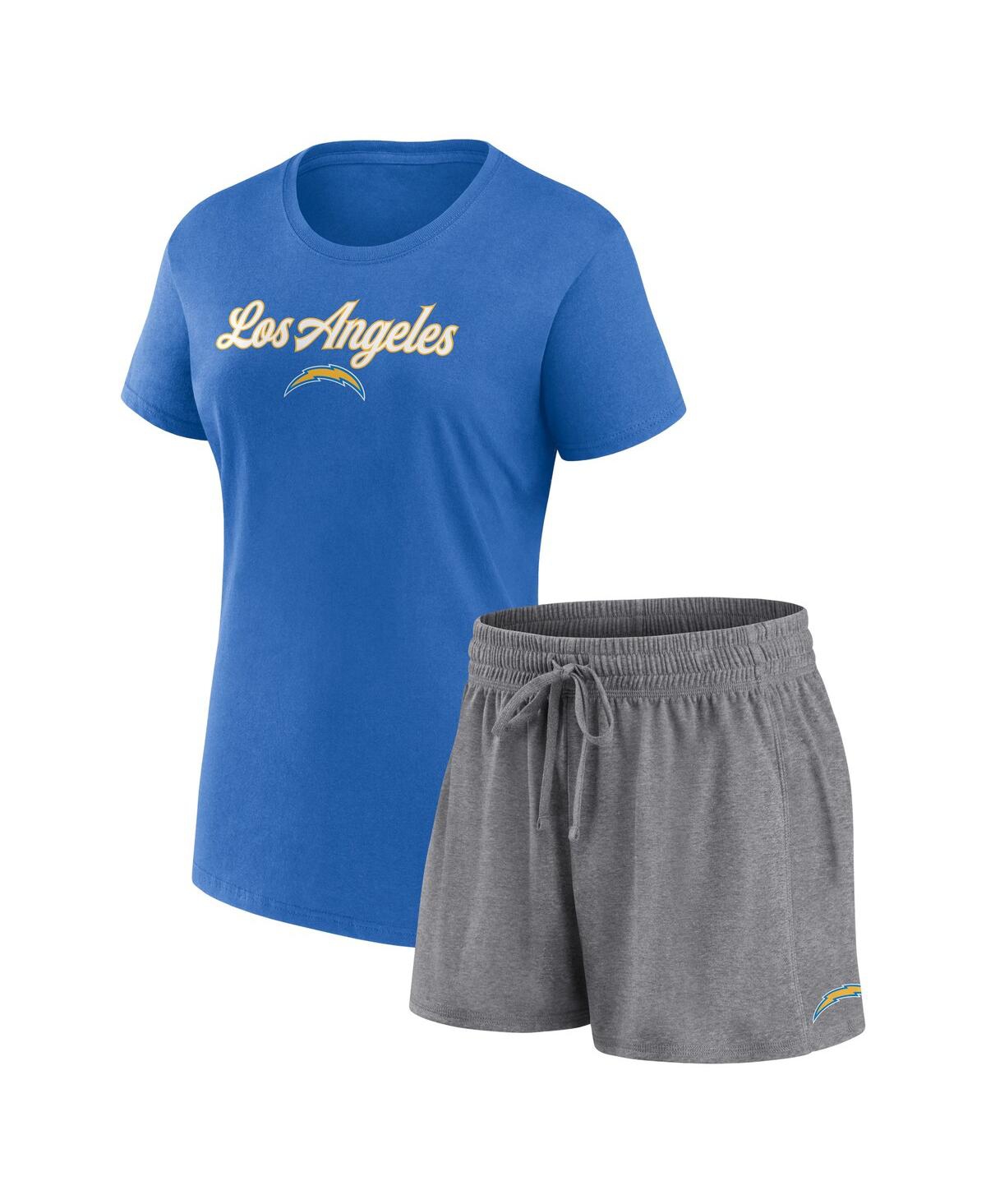 Fanatics Women's  Powder Blue, Heather Charcoal Los Angeles Chargers Script T-shirt And Shorts Lounge In Powder Blue,heather Charcoal