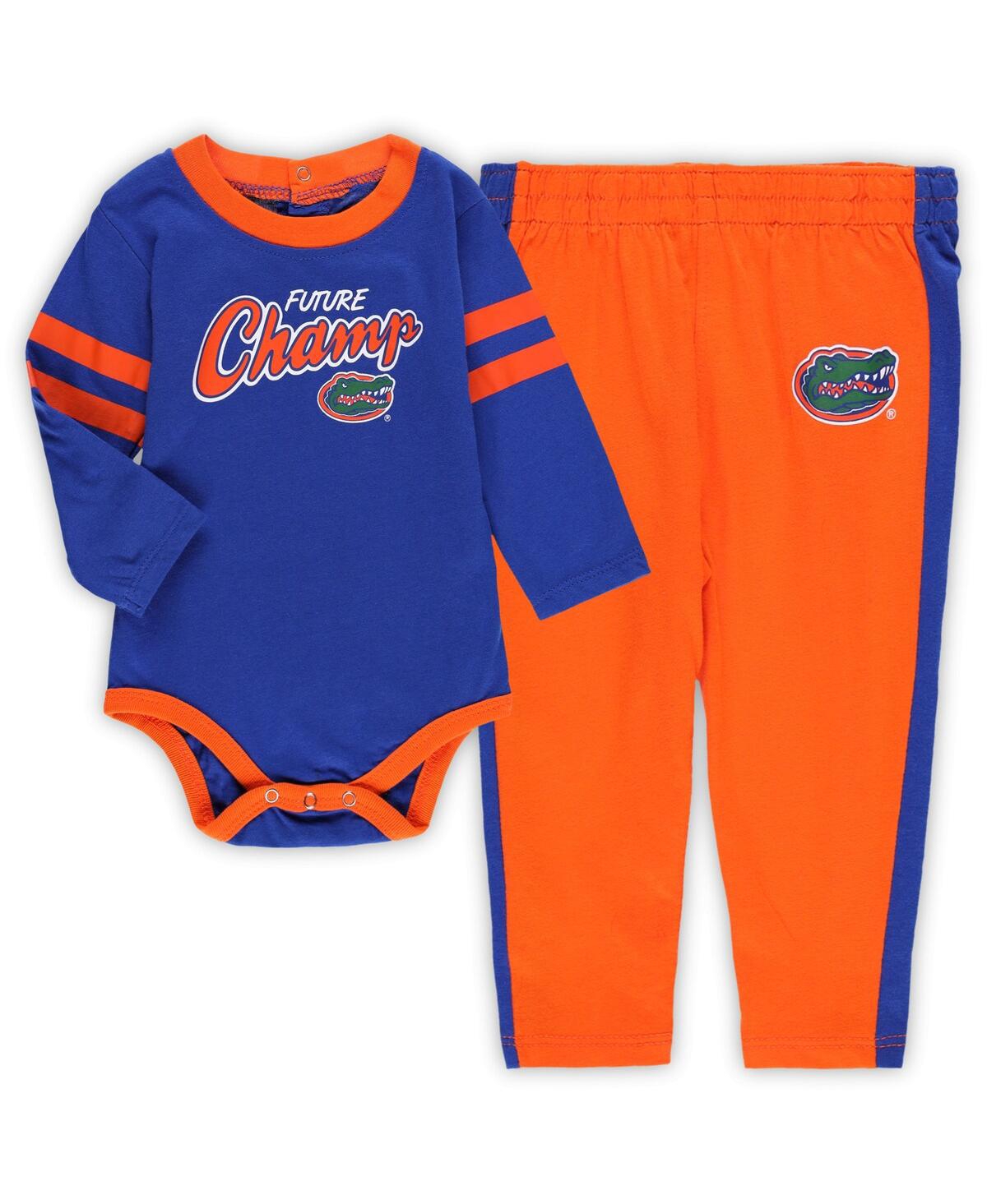 Shop Outerstuff Newborn And Infant Boys And Girls Royal, Orange Florida Gators Little Kicker Long Sleeve Bodysuit An In Royal,orange
