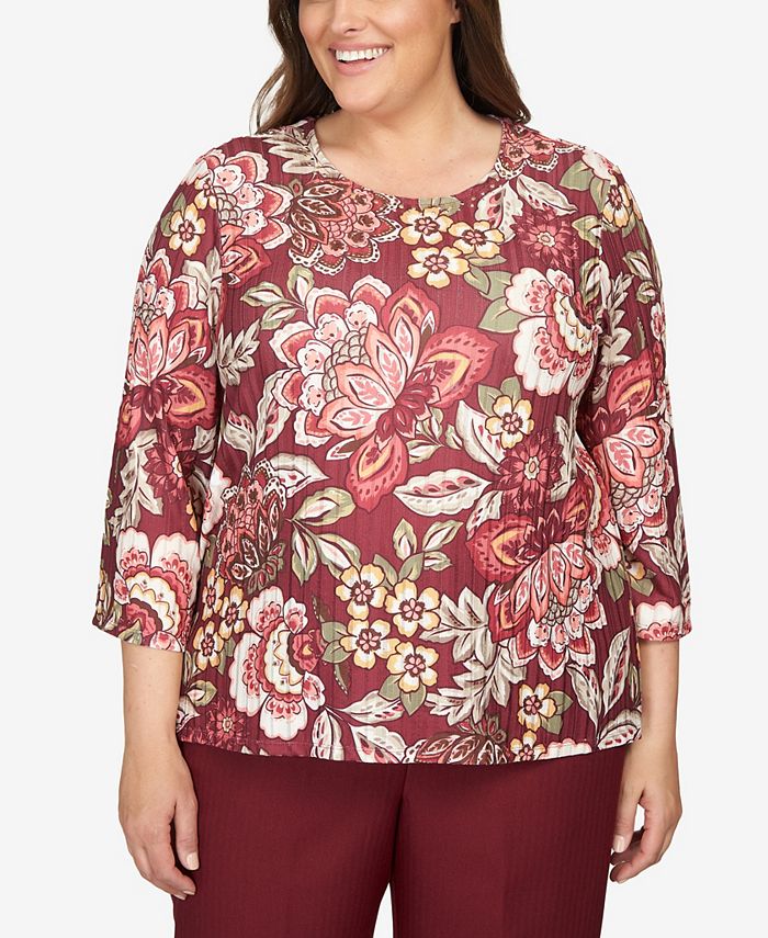 Alfred Dunner Plus Size Mulberry Street Jacobean Floral 3/4 Sleeve Top ...