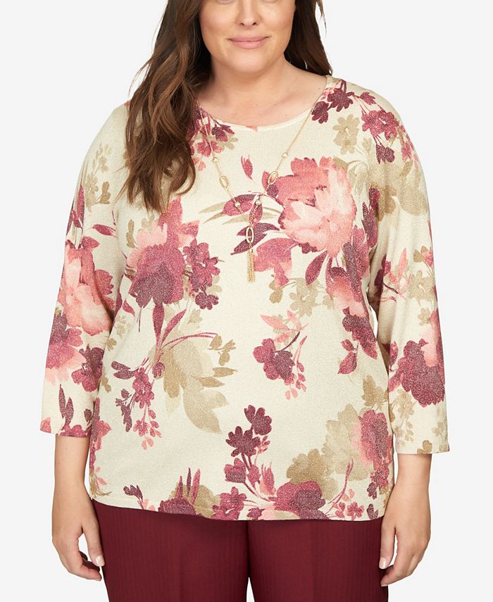Alfred Dunner Plus Size Mulberry Street Floral Shimmer Printed Sweater ...