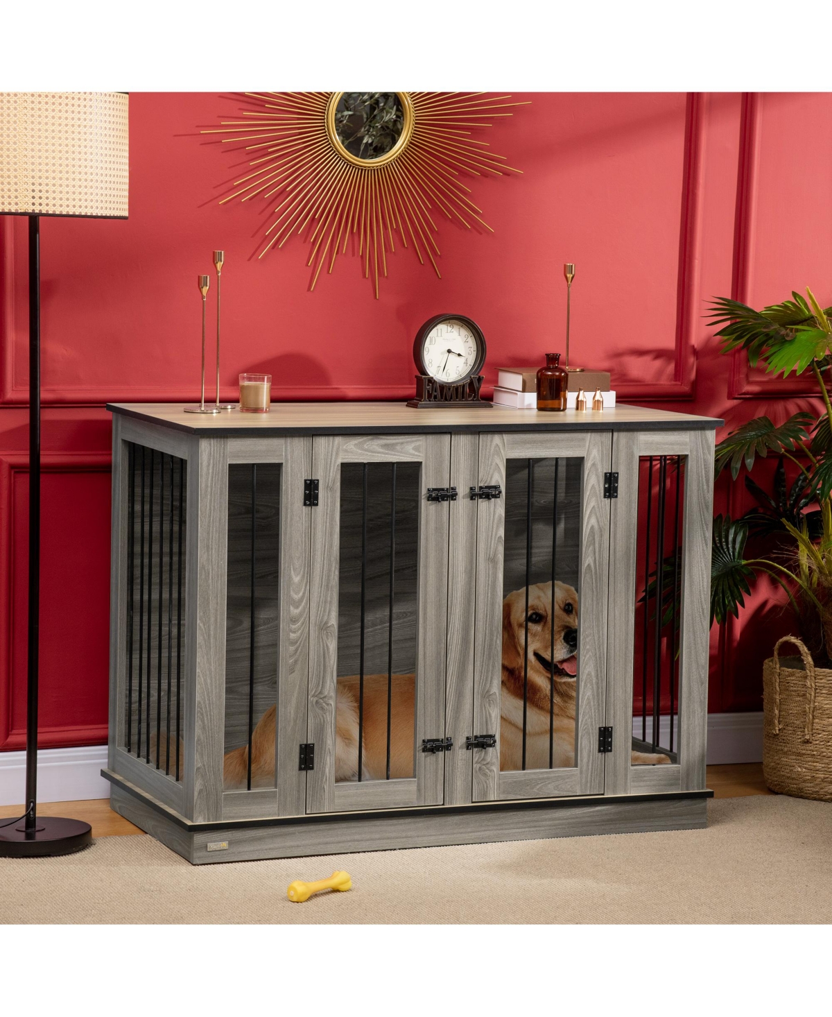 PawHut Large Furniture Style Dog Crate with Removable Panel, End Table with Two Rooms Design and Two Front Doors, Dark Walnut, 34.75