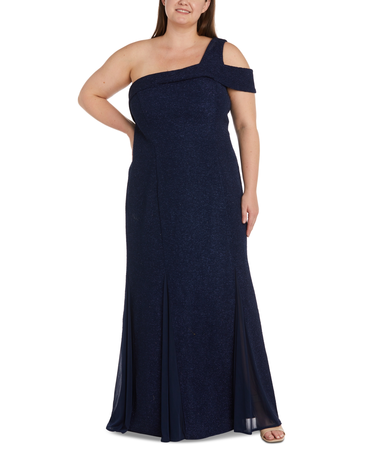 Nightway Plus Size Solid One-shoulder Shimmering Gown In Navy