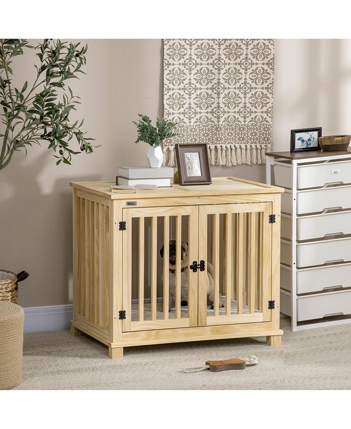PawHut Wooden Dog Crate Furniture with Soft Cushion, Dog Crate End Table with Double Doors