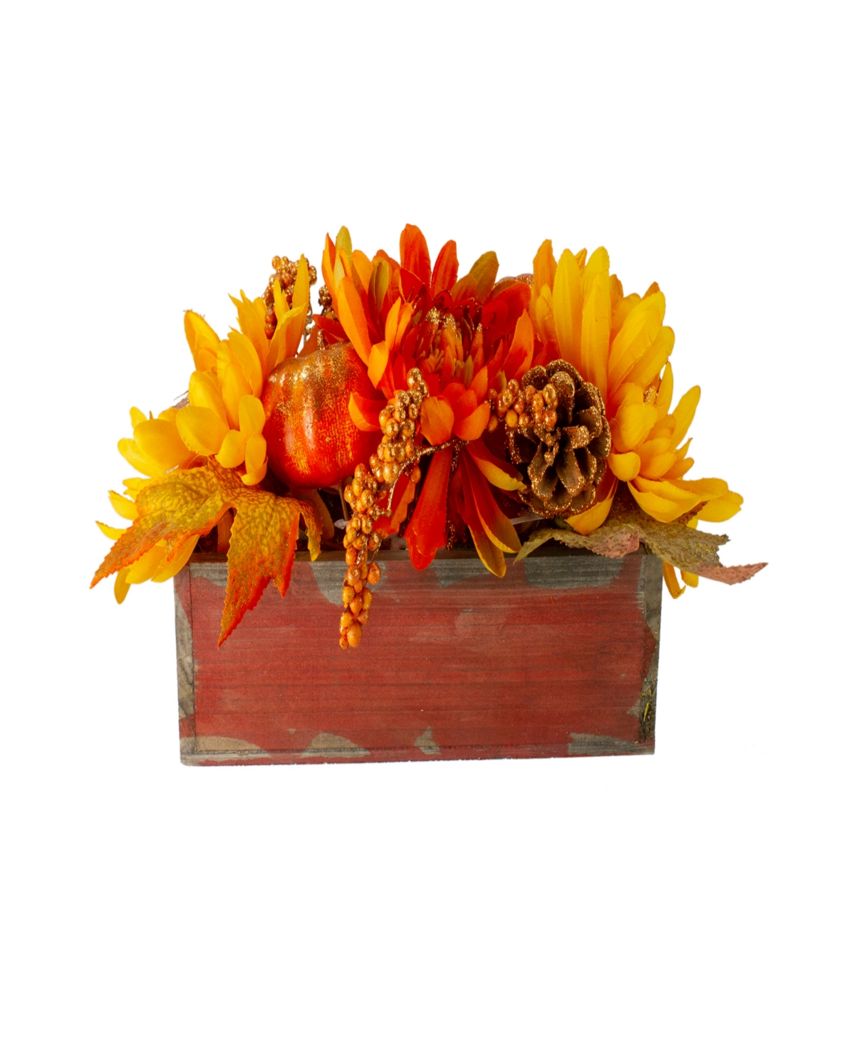 Autumn Harvest Maple Leaf and Berry Arrangement in Rustic Wooden Box Centerpiece