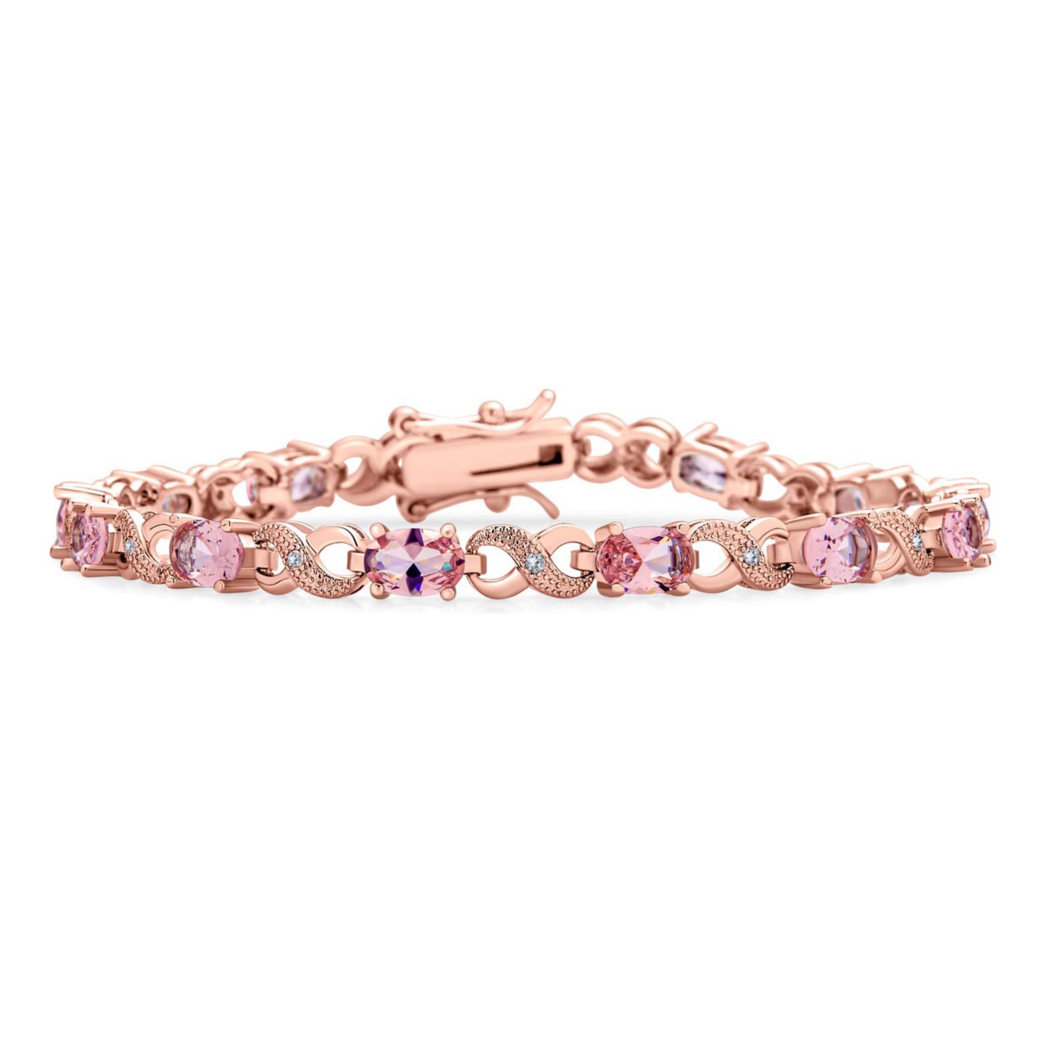 Birthstone Dark Pink Color CZ Oval Infinity Tennis Bracelet Silver Plated