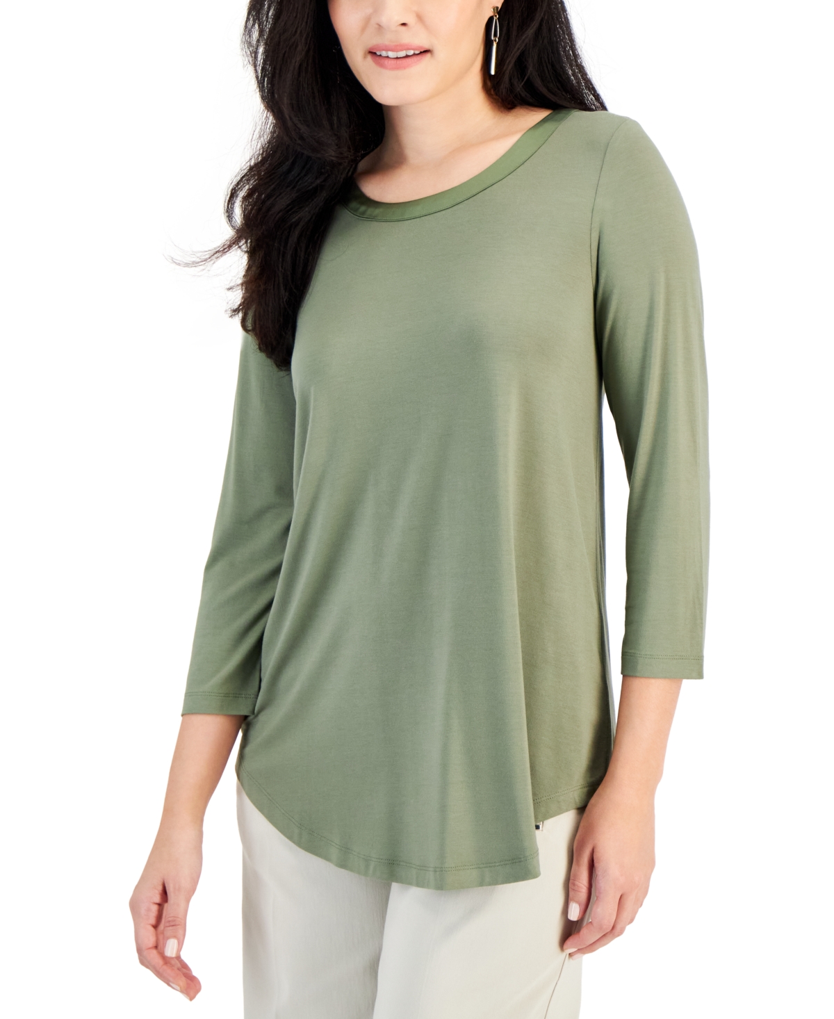 Jm Collection Women's Satin-trim 3/4 Sleeve Knit Top, Created For Macy's In Tarnished Stem