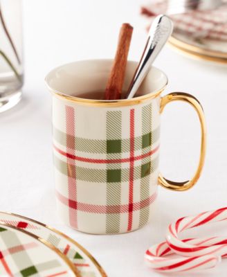 Holiday Plaid Gold-Trimmed Mugs, Set of 4