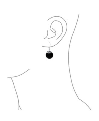 Lever Back Natural Black Onyx Flat Round Circle Disc Dangle Drops Earrings .925 Sterling Silver