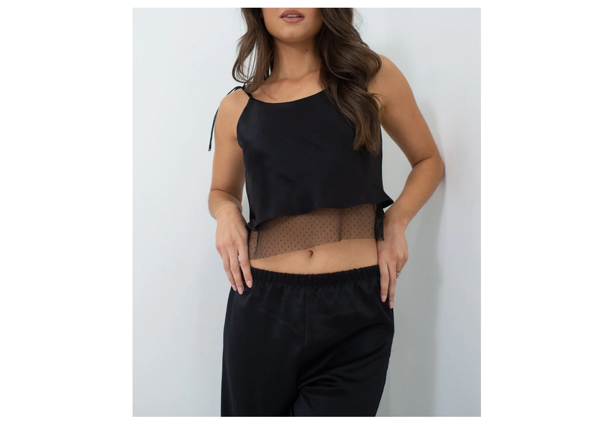 Women's Silk Camisole - Scoop Neck - Adjustable Shoulder Tie - Silk Collection - Evening black