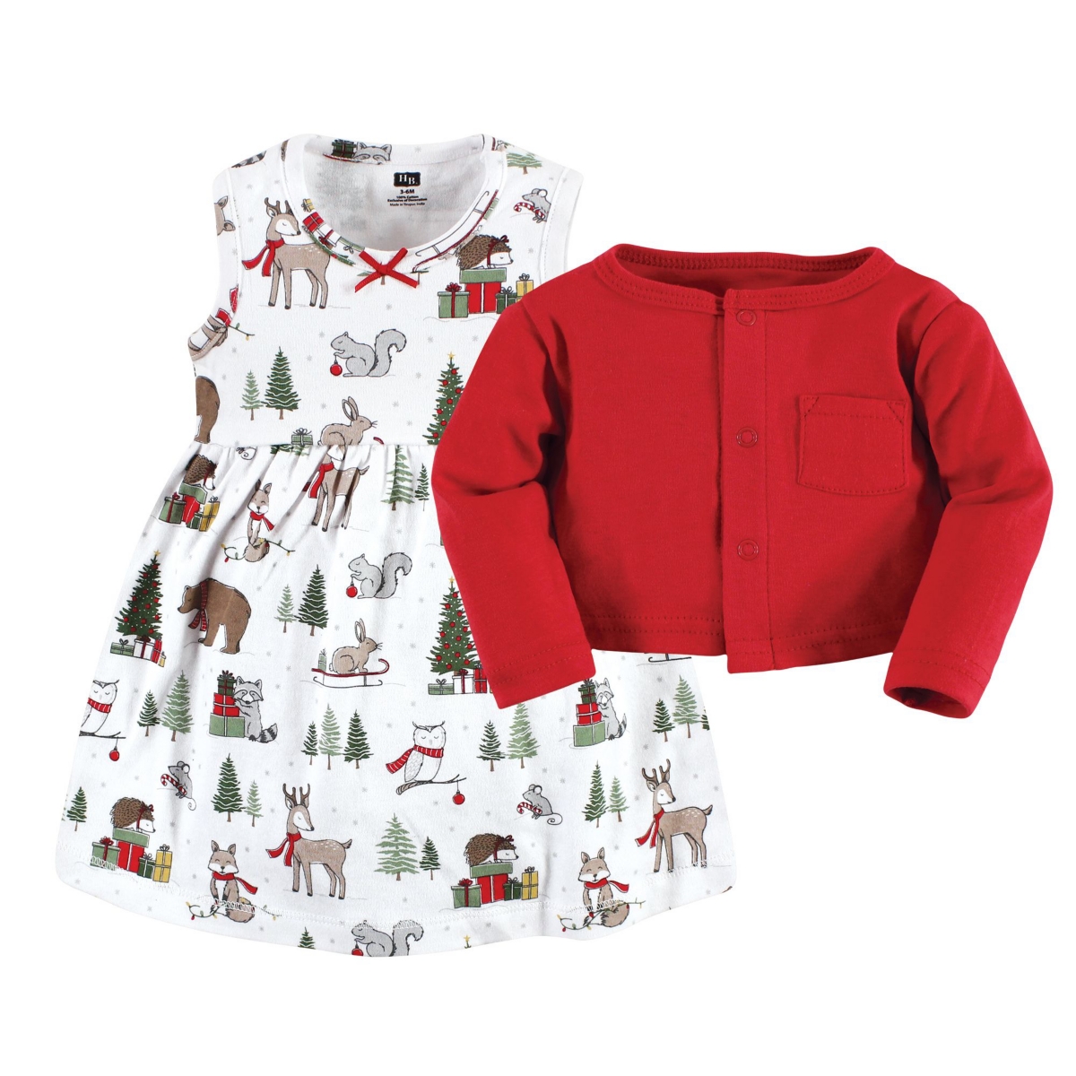 Hudson Baby Baby Girls Cotton Dress and Cardigan Set,- Red winter forest