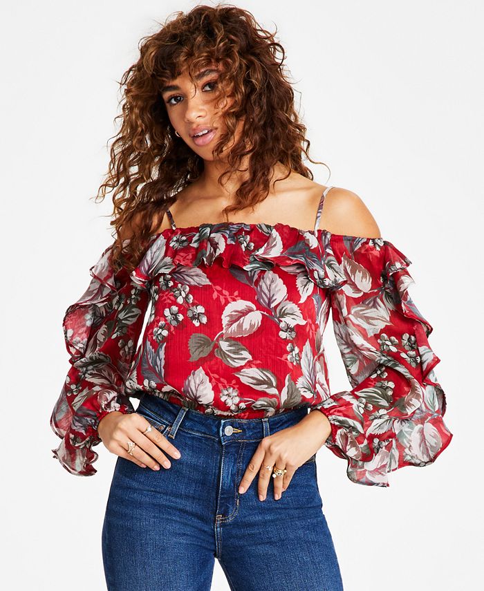 Red ruffle off the shoulder 2024 top