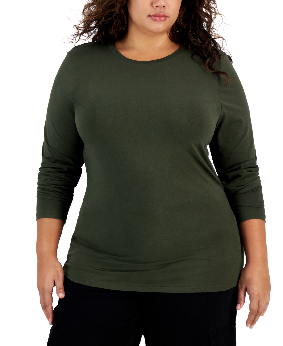 Trendy Plus Size Crewneck Long-Sleeve Top - Forest Night