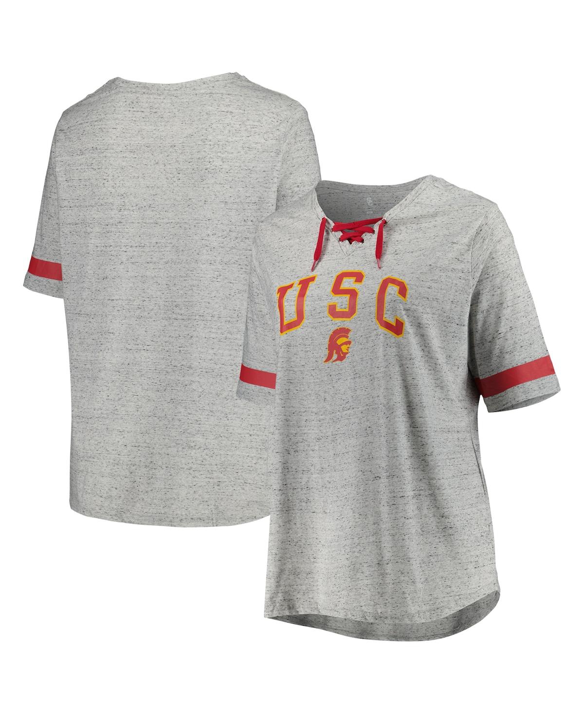 Women's Heather Gray USC Trojans Plus Size Lace-Up T-Shirt
