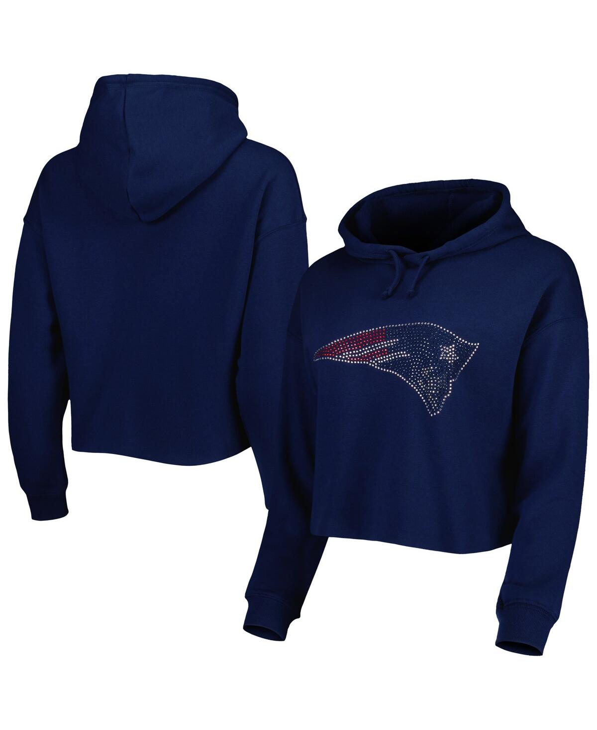 CUCE WOMEN'S CUCE NAVY NEW ENGLAND PATRIOTS CRYSTAL LOGO CROPPED PULLOVER HOODIE
