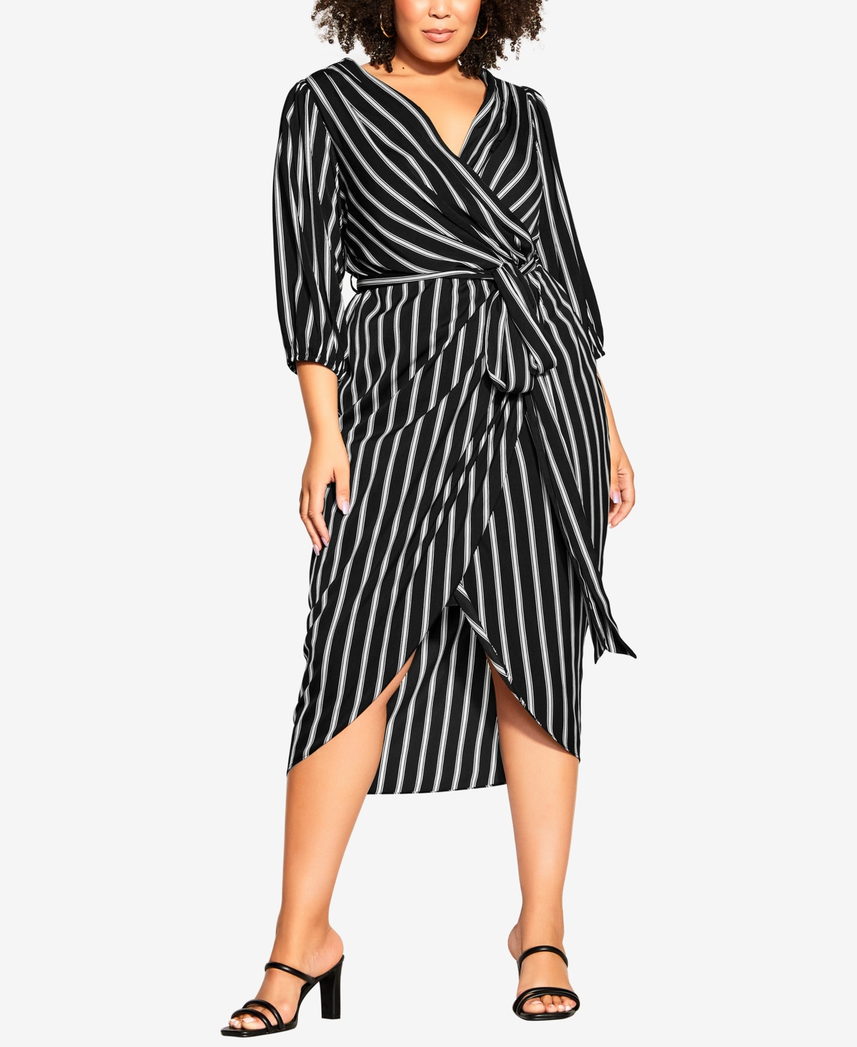 City Chic Trendy Plus Size Catalina V neck Dress In Black Stripe
