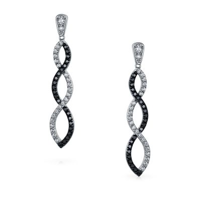 Black White Cubic Zirconia Pave Long Infinity Twist Drop Earrings Prom Cocktail Party CZ