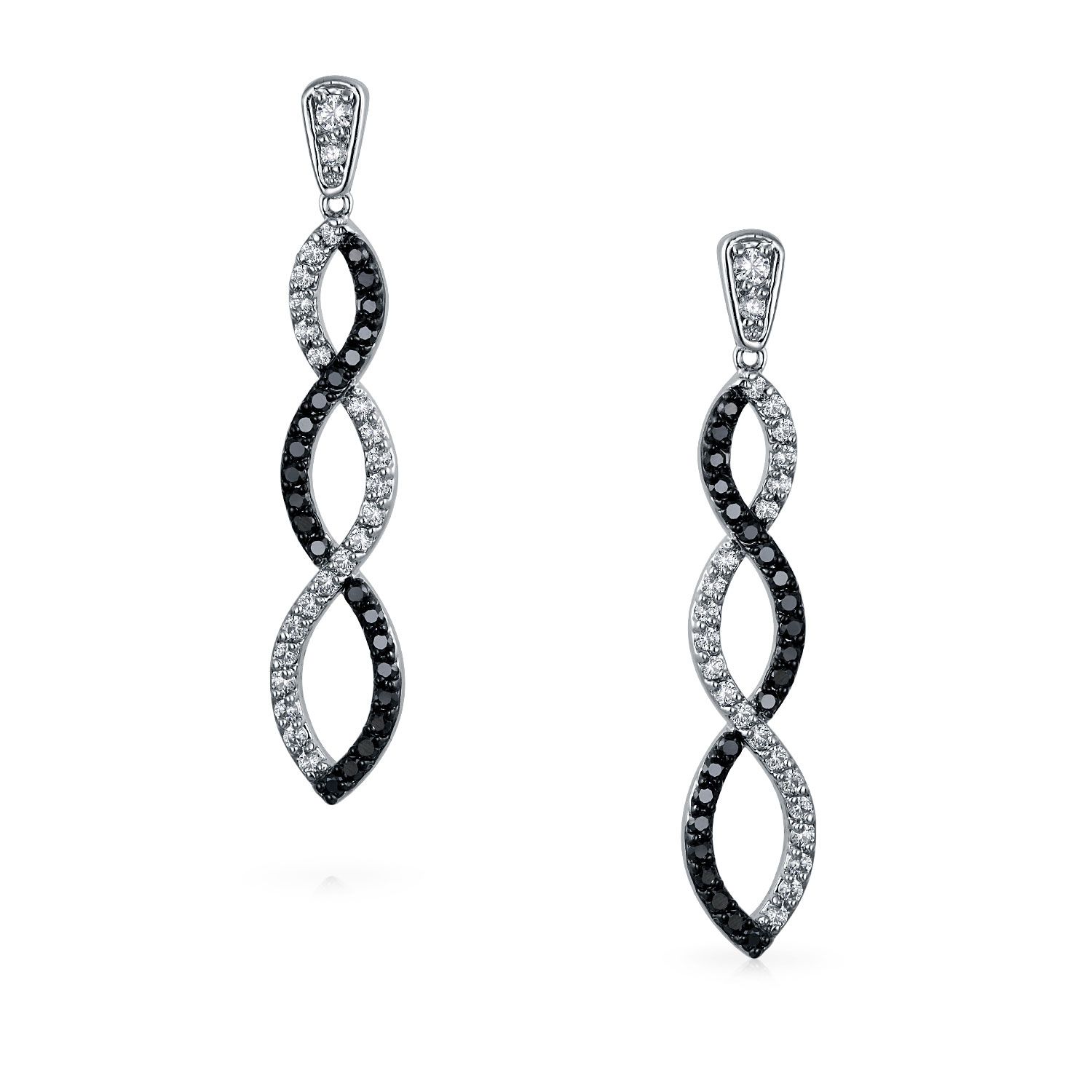 Elegant Cocktail Pave CZ Black and White Twist Long Infinity Drop Earrings