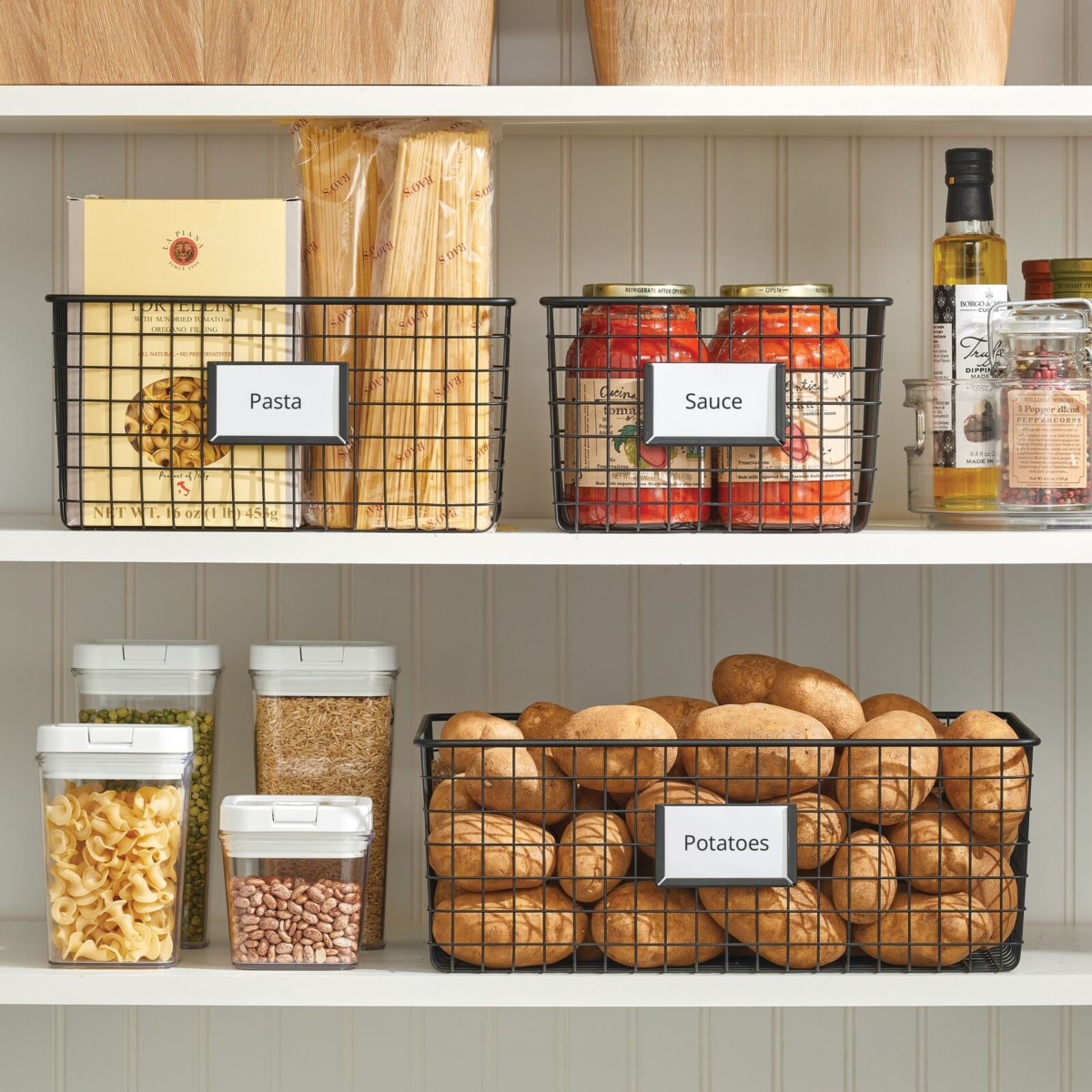 mDesign Wide Steel Kitchen Organizer Basket - Label Slot, 2 Pack,- Matte black