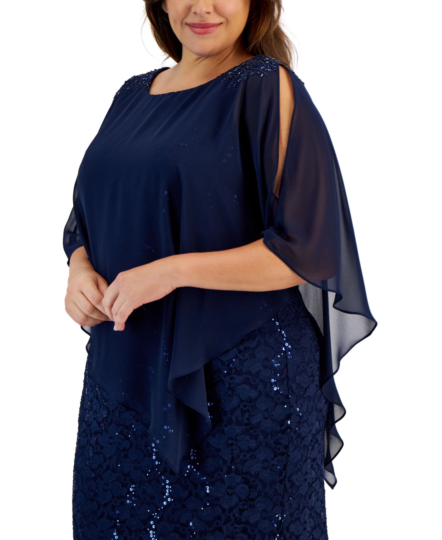 Plus Round-Neck Sequin Lace Cape Dress