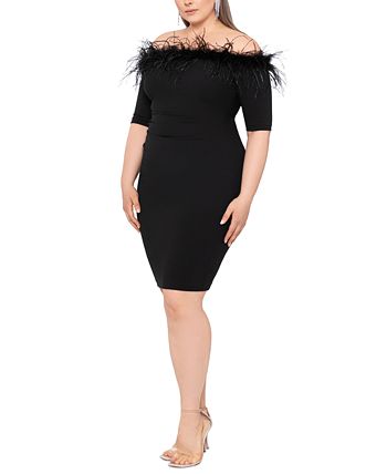 XSCAPE Plus Size Feather-Trim Off-The-Shoulder Dress - Macy's