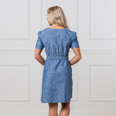 Women's Short Sleeve Button Front Chambray Dress with Waist Sash