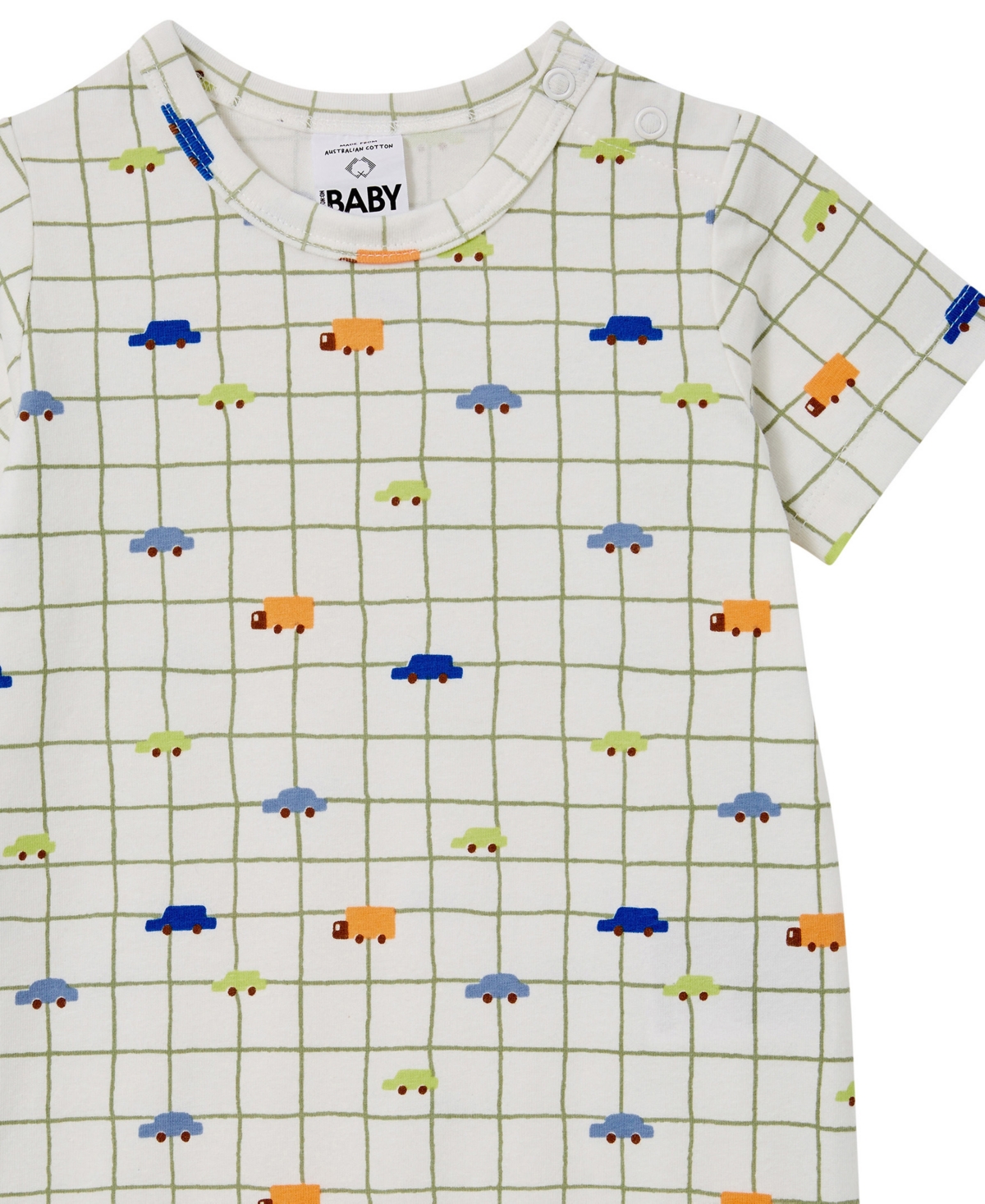 Cotton On Baby Boys Printed Short Sleeved Romper - Car Sketchy Grid