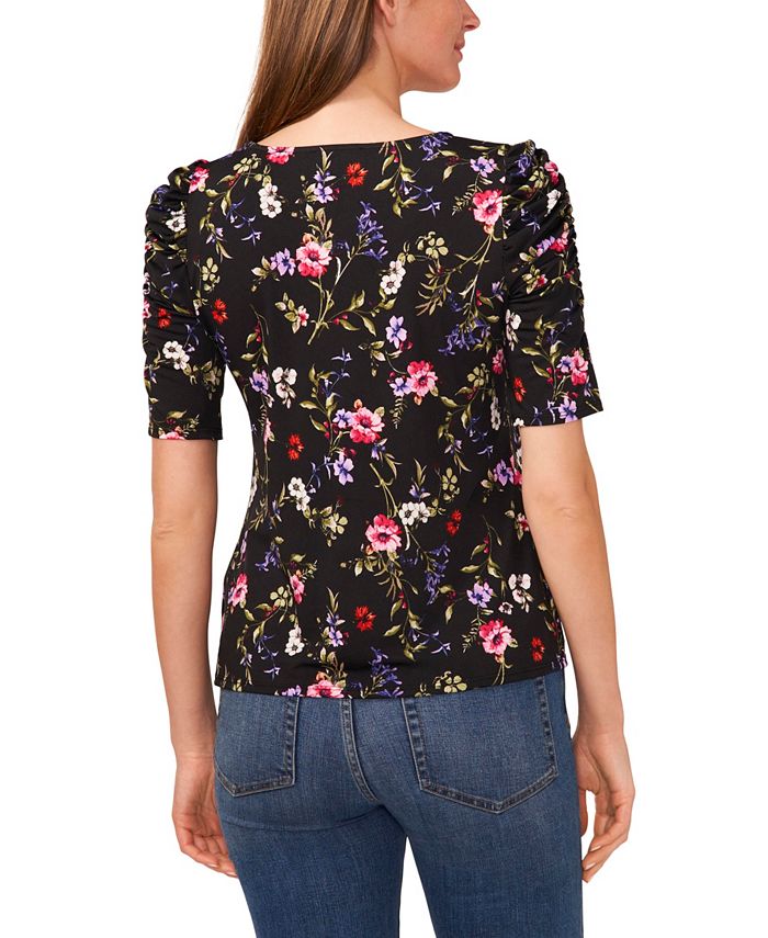 Cece Womens Floral Print Ruched Elbow Sleeve Knit Top Macys 