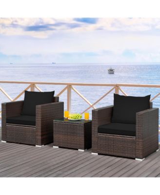 3PCS Patio Rattan Furniture Set Conversation Sofa Cushioned