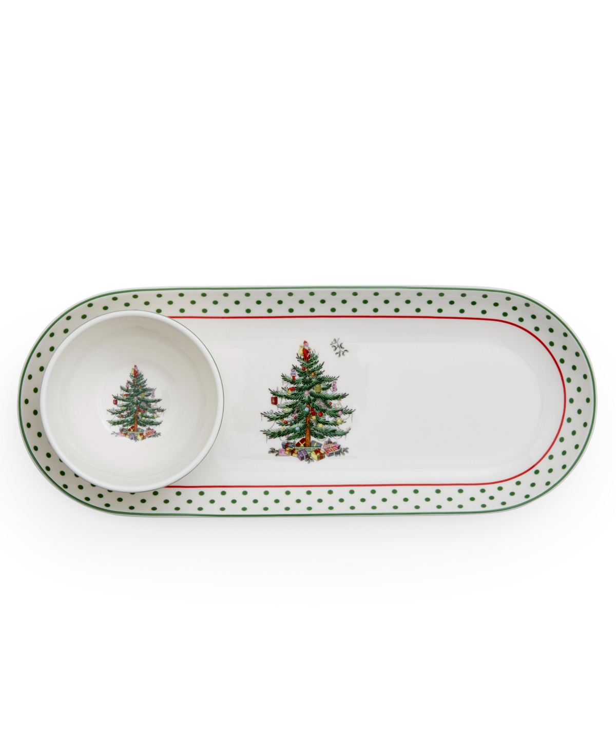 Spode Christmas Tree Polka Dot Oval Chip And Dip, 13" H In Green