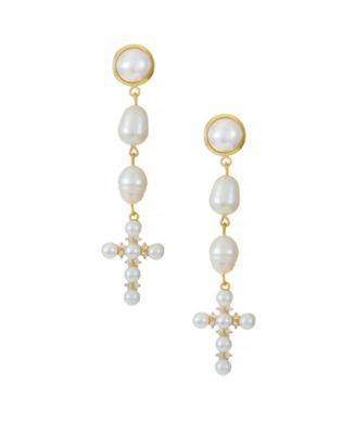 ETTIKA Freshwater Pearl Cross 18K Gold Plated Drop Earrings - Macy's