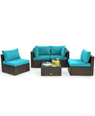 5PCS Patio Rattan Furniture Set Cushioned Sofa Chair Coffee Table