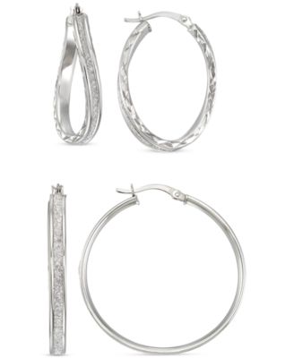 Macy's - 2-Pc. Set Wavy & Round Glitter Hoop Earrings in Sterling Silver