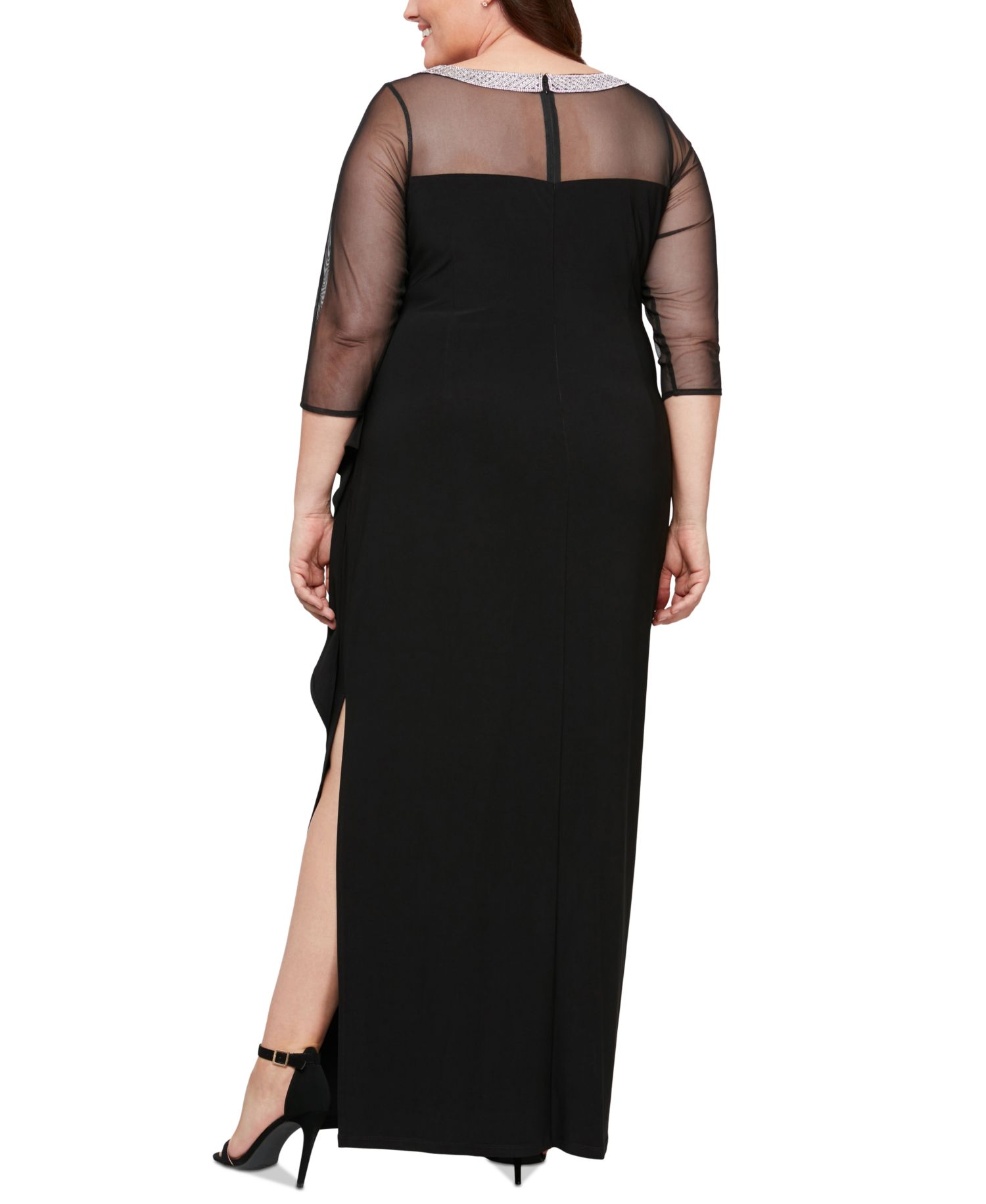 Petite Embellished-Neck Side-Ruched Illusion Dress