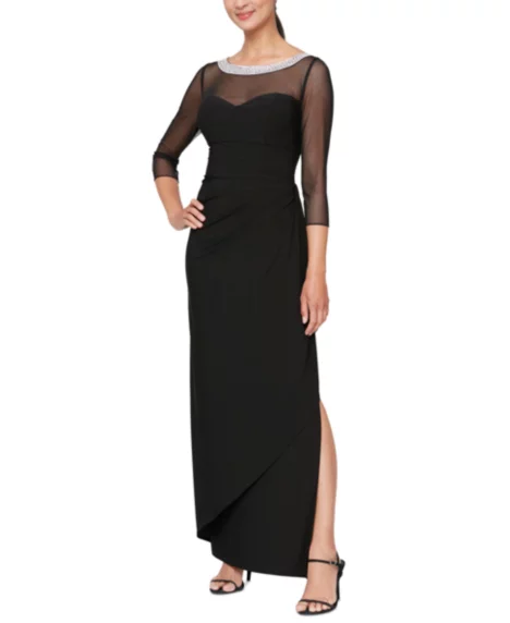 Petite 3/4-Sleeve Illusion Ruffled Gown - Black