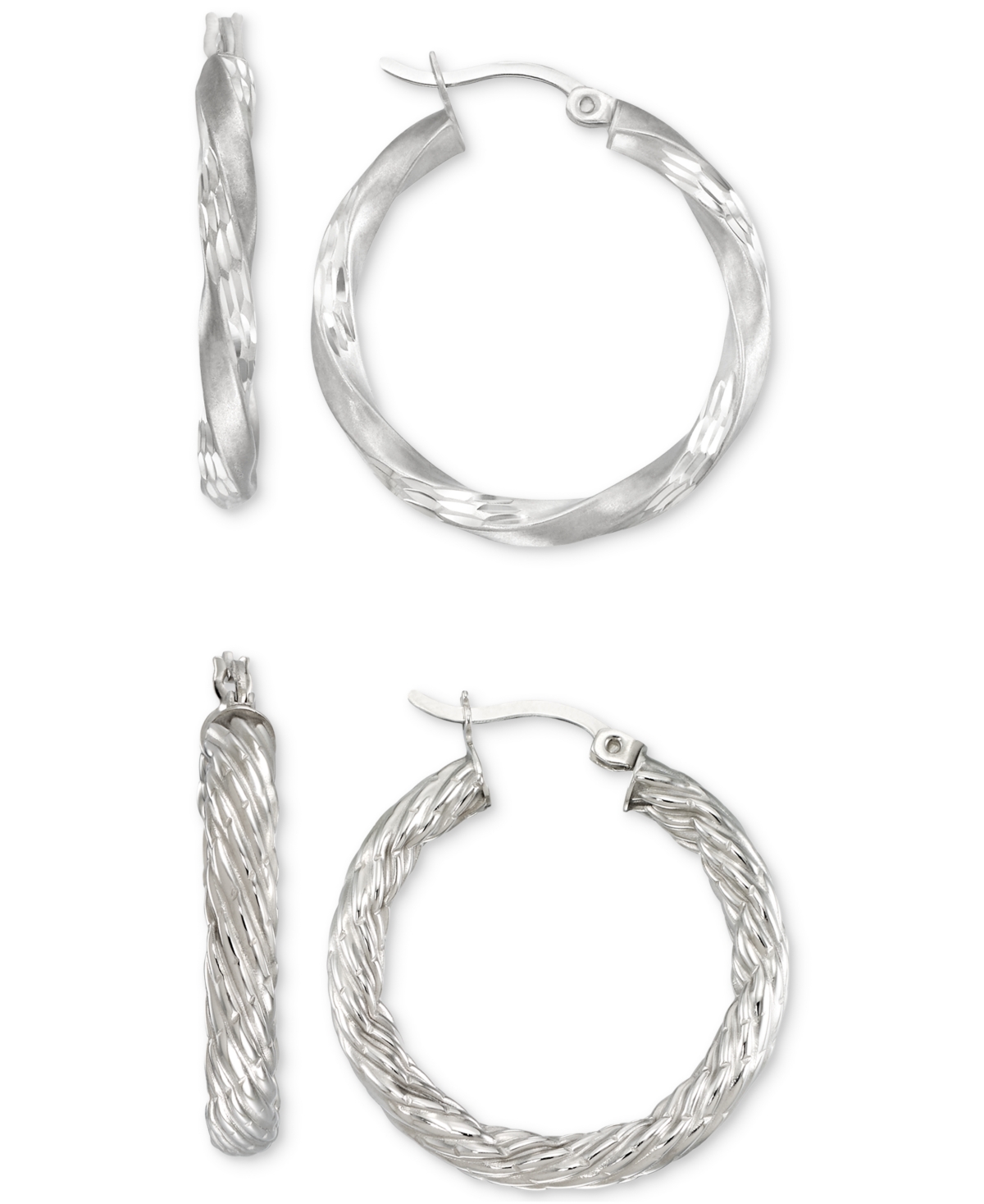 Macy's 2-pc. Set Rope And Satin Finish Round Hoop Earrings In 14k Gold-plated Sterling Silver And Sterling  In Silver