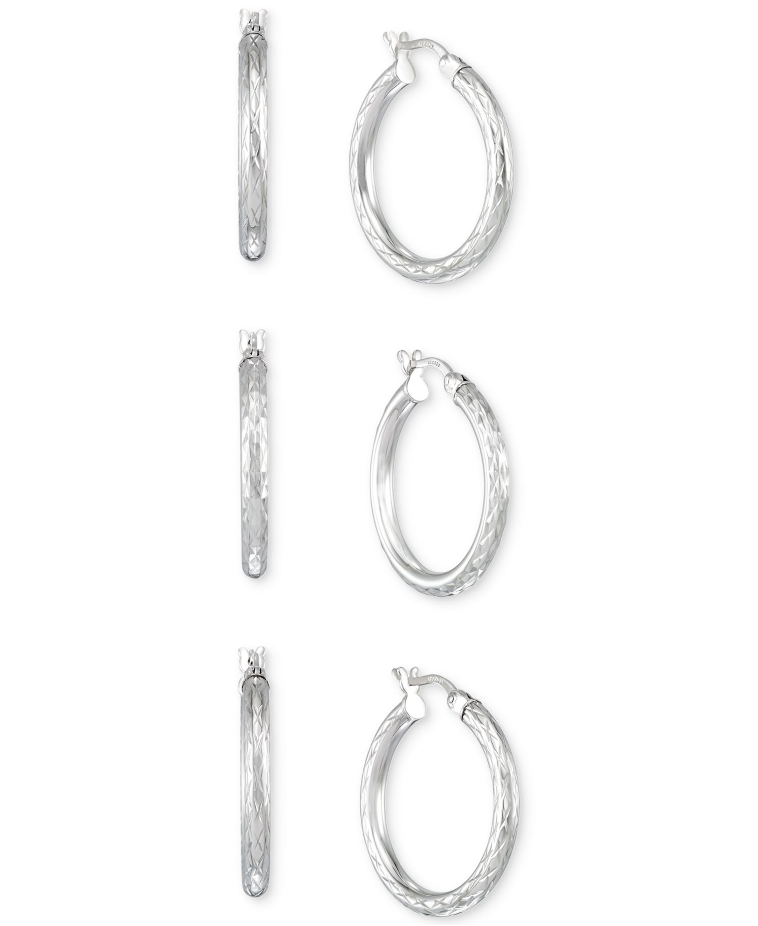 Set of Three Textured Hoop Earrings in 14k Tri-Gold Vermeil and Sterling Silver