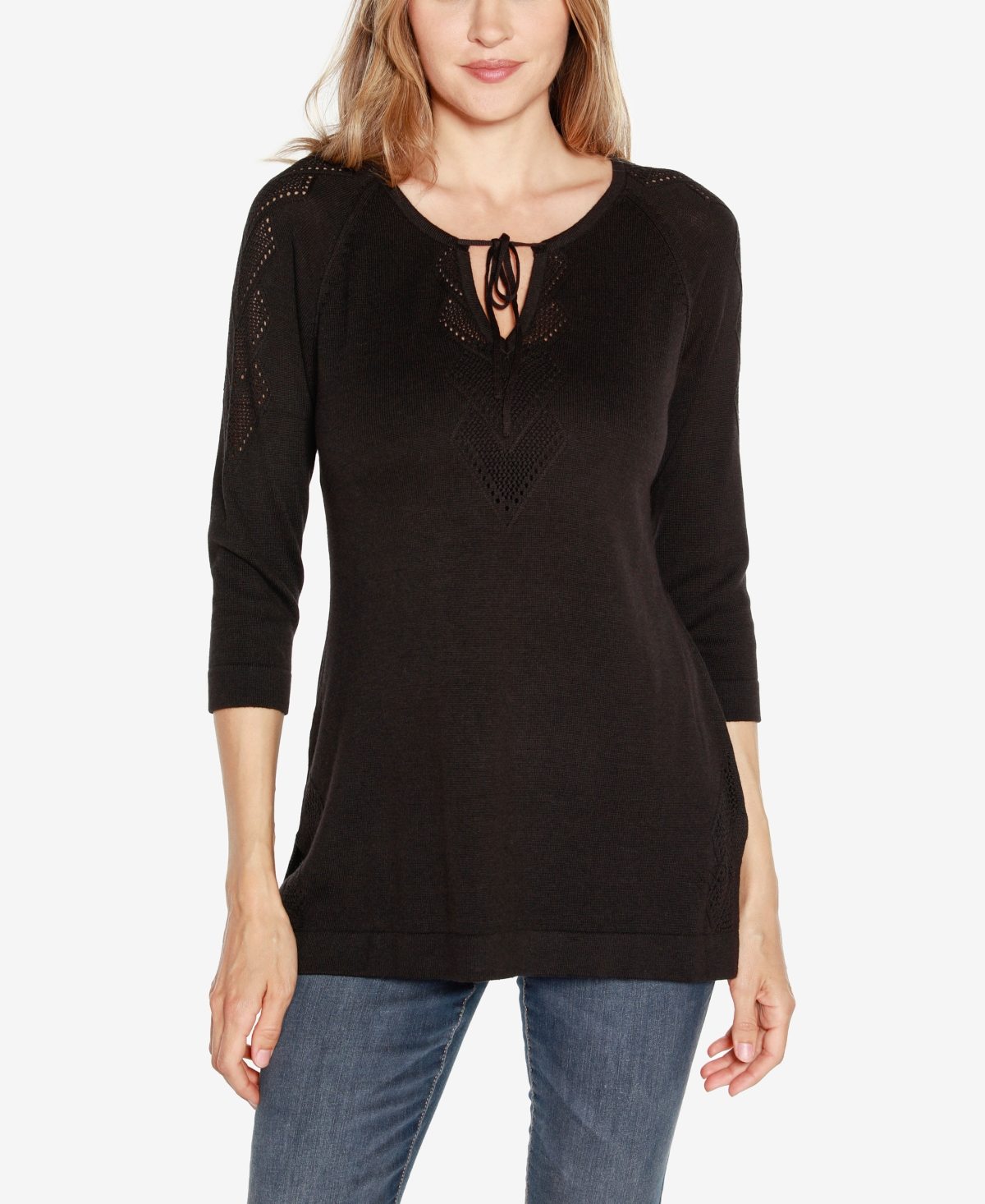 Belldini Women's Raglan Sleeve Pointelle Sweater In Black