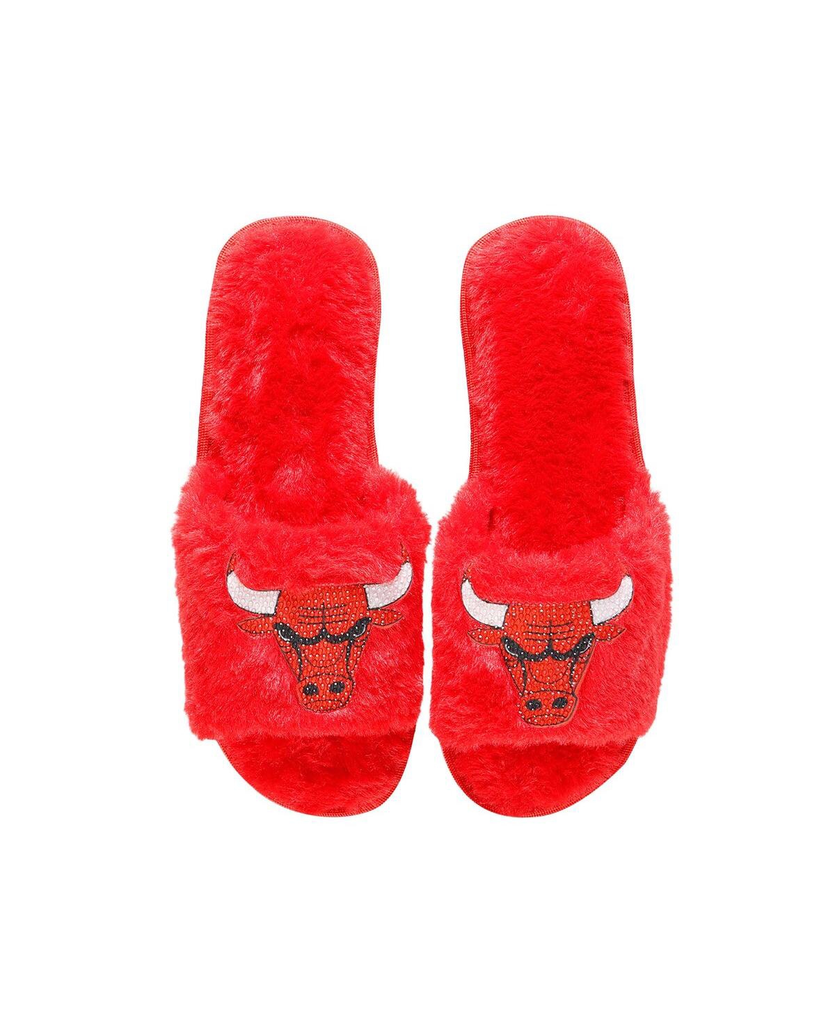 Women's Foco Red Chicago Bulls Rhinestone Fuzzy Slippers - Red