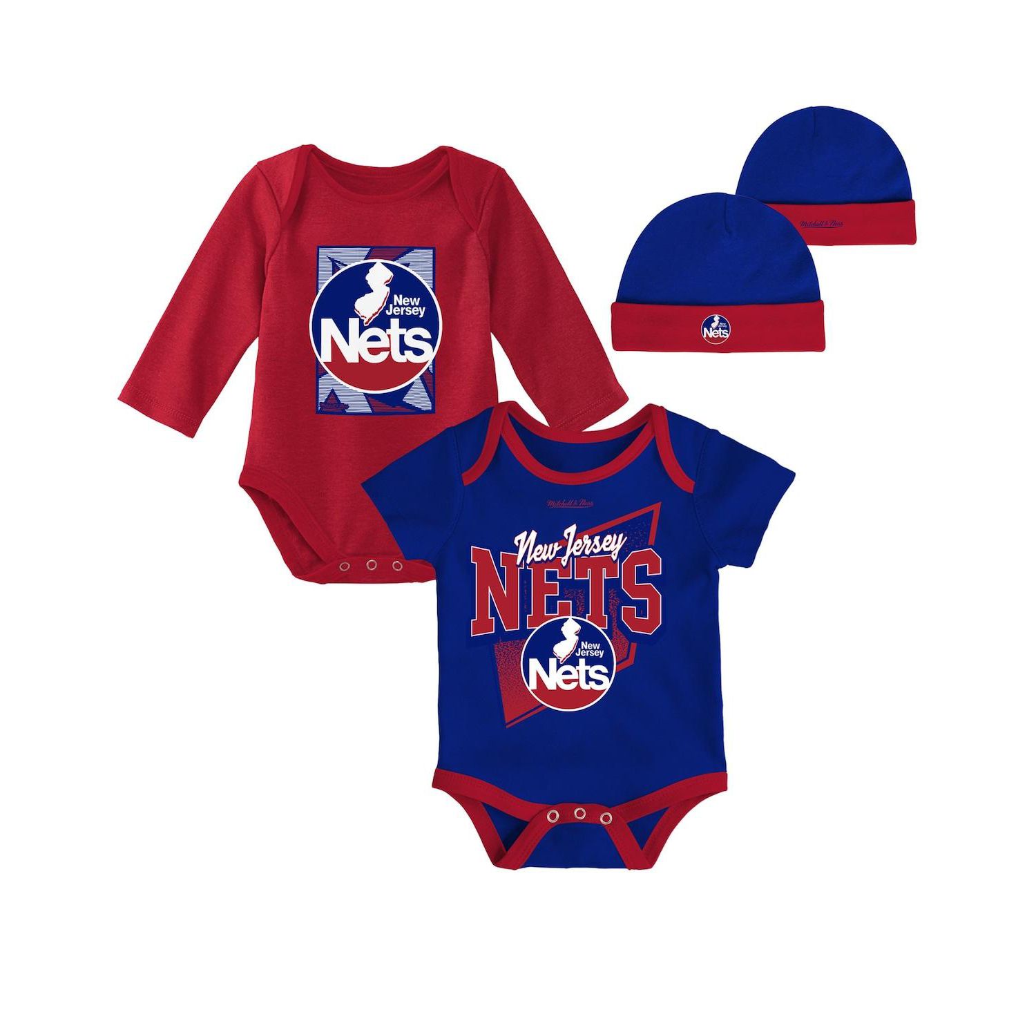 Newborn and Infant Boys and Girls Blue, Red New Jersey Nets 3-Piece Hardwood Classics Bodysuits and Cuffed Knit Hat Set