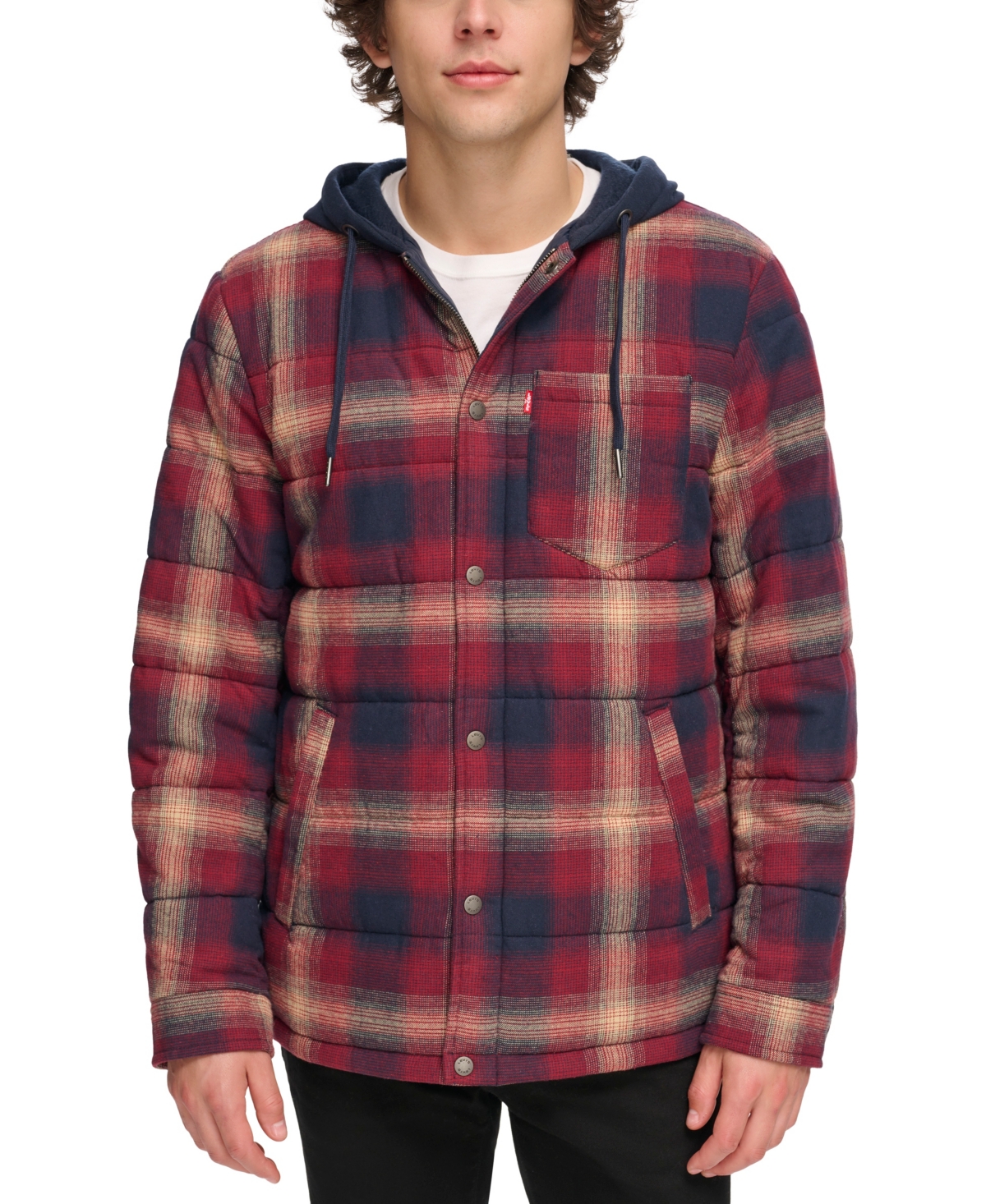 Levi's Men's Cotton Quilted Shirt Jacket With Fleece Hood In Red Ombre Plaid